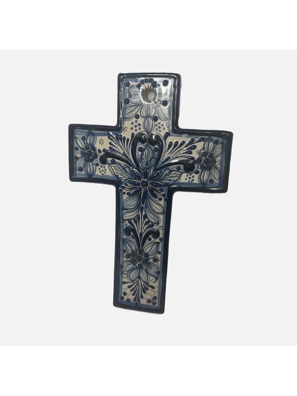 Vintage Talavera Mexico Pottery Cross Religious Floral Blue Wall Hanging
